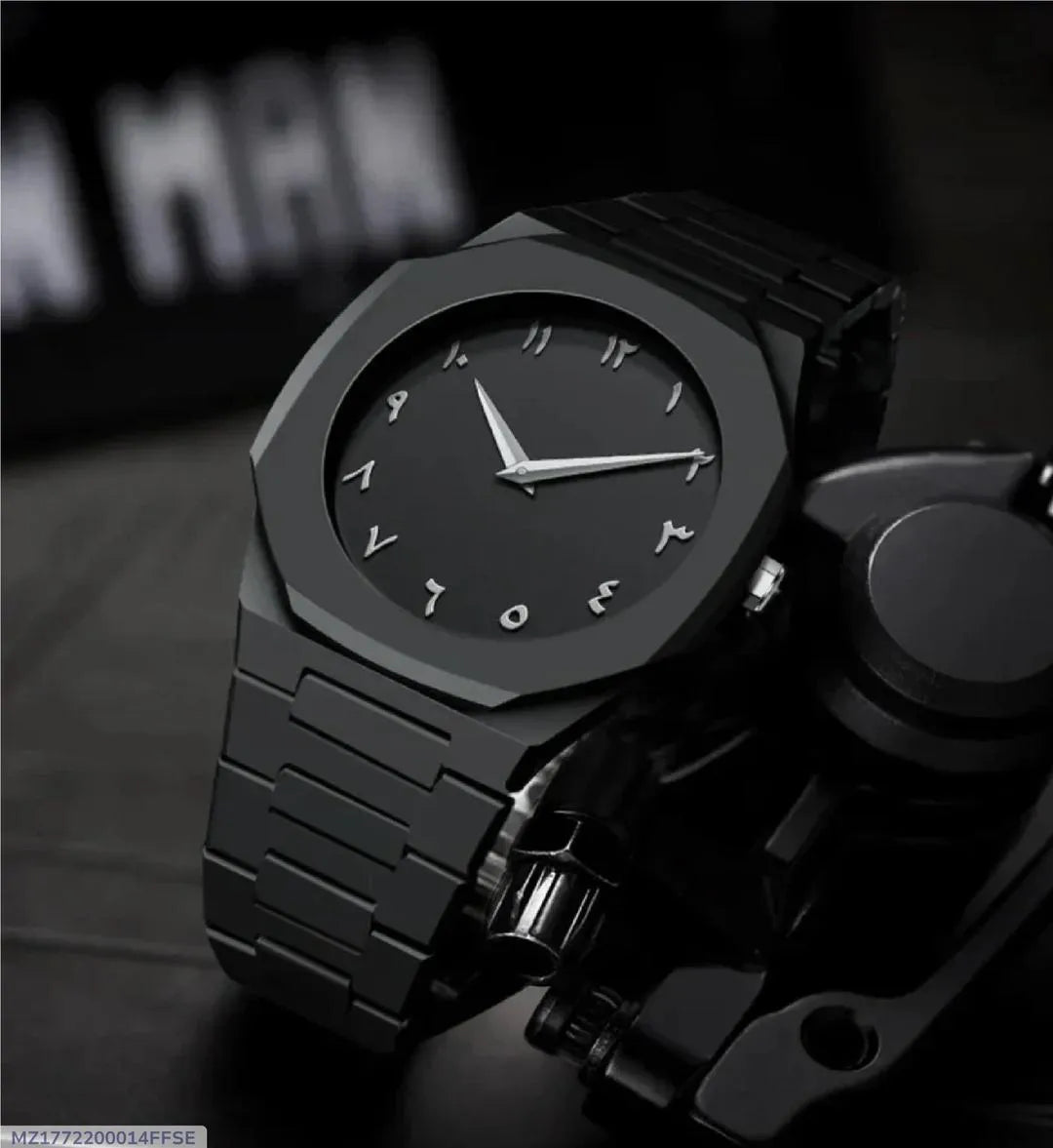 Men’s Black Arabic Aura Watch – Carbon Fiber Round Dial with Sleek Chain Strap